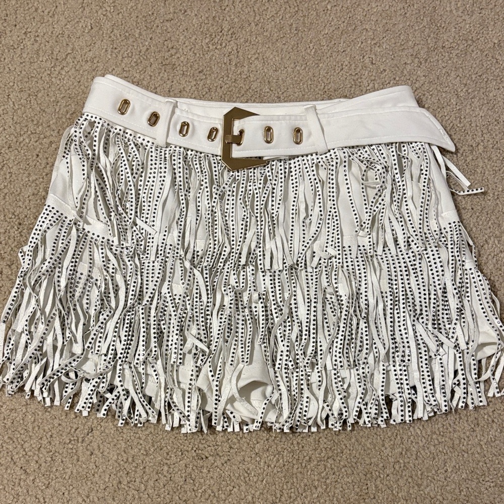 White Fringe Mini Skirt